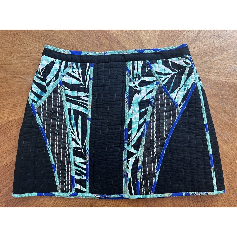BCBG Max Azria 12 Black Blue Geometric Patchwork Mini Skirt Whimsigoth Quilted